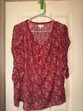 Max Studio Red Floral Button-Peasant Blouse